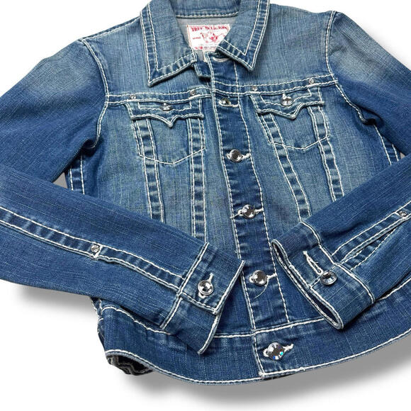 True Religion Women’s Disco Emily Big T Denim Jacket Size S Rainstone Button Y2K - Picture 8 of 13